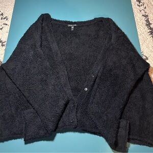 Eileen Fisher Black Fuzzy Eyelash Cardigan 100% Organic Cotton